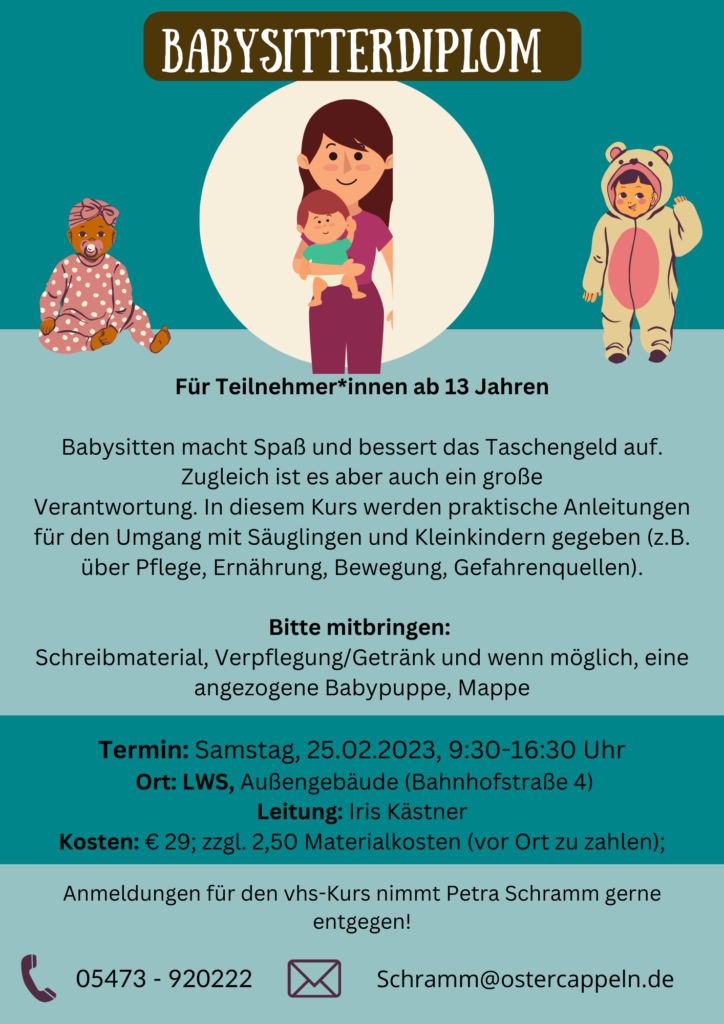 Einladung zum Babysitter-Kurs am 25.02.2023 in Ostercappeln. Ein Angebot der VHS.